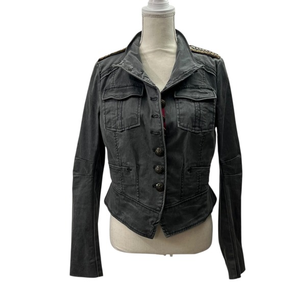 Free People Military Band Jacket Gray Cropped Blazer Epaulettes & Brass‎ Buttons - Picture 5 of 12